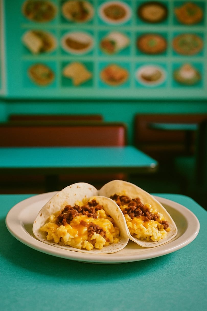 Two MKT Tacos breakfast tacos with scrambled eggs and chorizo on a white plate.