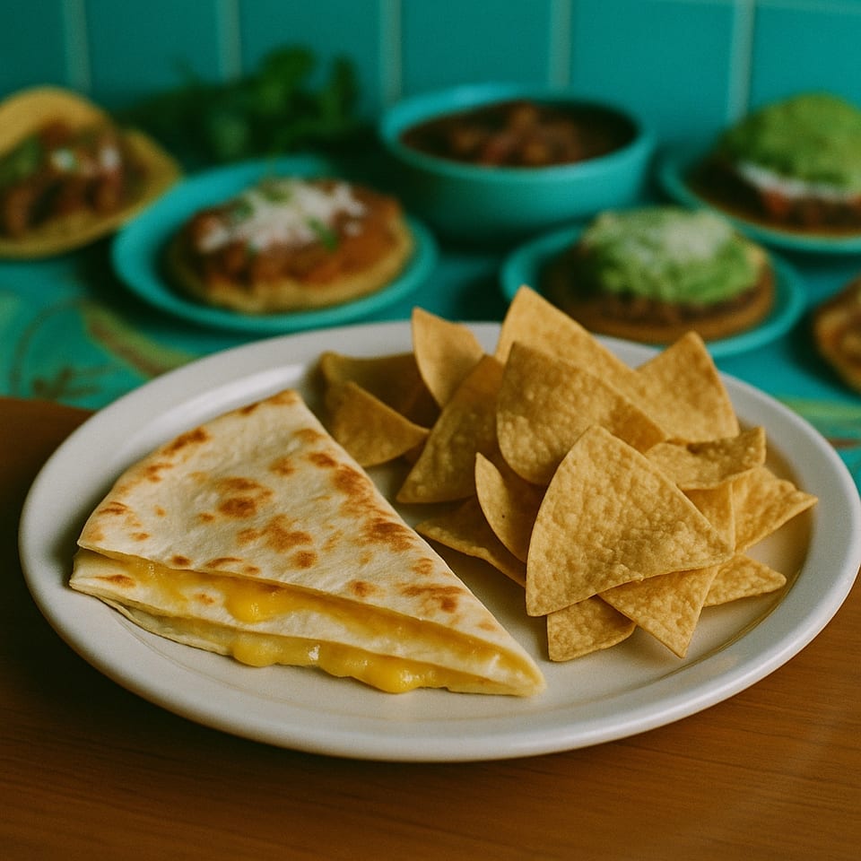 MKT Tacos' cheese quesadilla and tortilla chips with other Mexican dishes in the background.