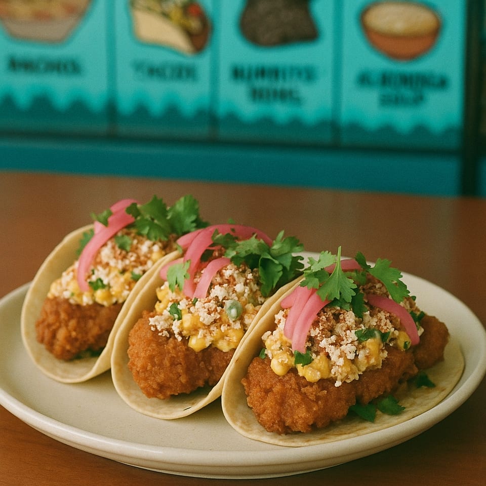 Three MKT Tacos with fried chicken, corn, cheese, pickled onions, and cilantro on a plate.