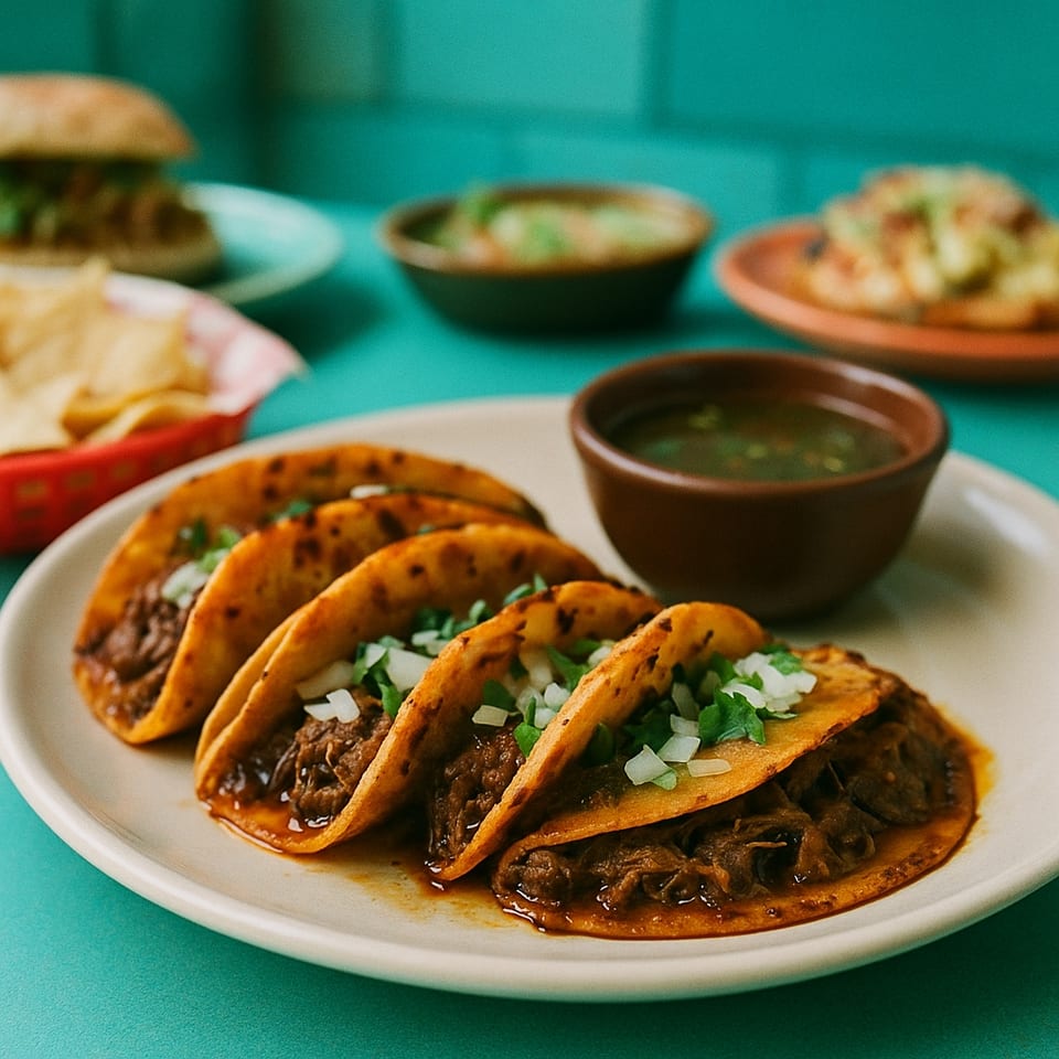 Four MKT Tacos birria tacos with onions and cilantro, with a side of consommé.
